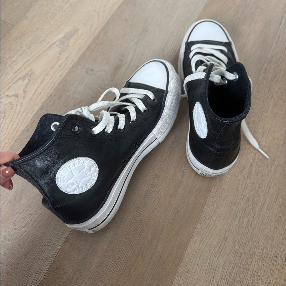 Custom Converse Black Leather Platform High-Top Sneakers